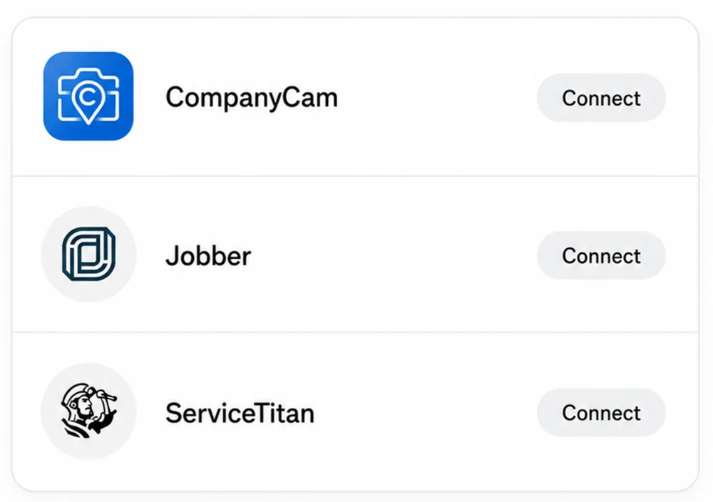 Envoyed integrations screen showing CompanyCam, Jobber and ServiceTitan ready to connect